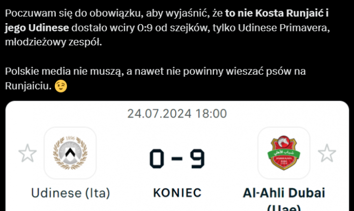 Udinese PRZEGRAŁO 0:9 z klubem z ZEA, ale TO PRIMAVERA!